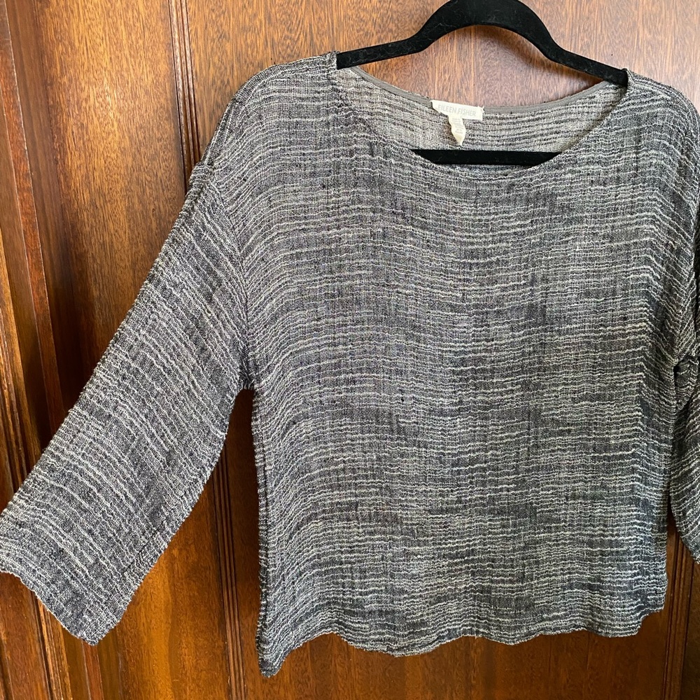 Eileen Fisher Three Quarter Sleeve Gauze Weave Boxy Top - Black/White - Small - Picture 2 of 9